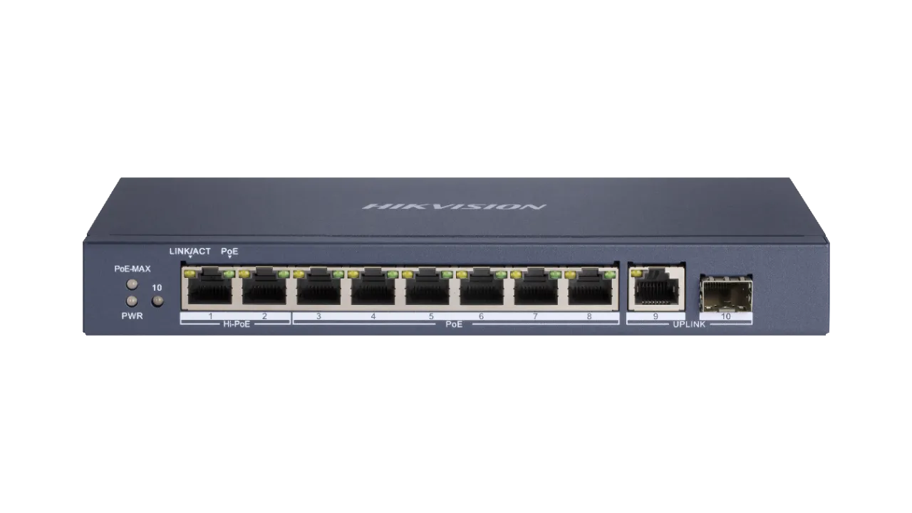 DS-3E0510HP-E 8x1Gb PoE+1x1Gb RJ45, 1xGb optika, switch, 90W