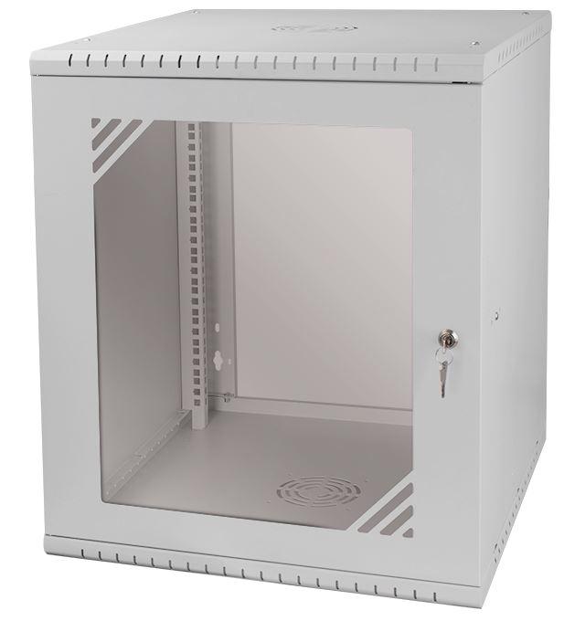 19Rack12U600 nástenný rack 19" 12U 520x600, sklo, demont, šedý